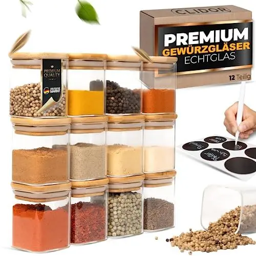 Produktbild: CLIDOR ® Gewürzgläser Eckig I 12 x 160 ml Set I Erhöhte Glasstärke I Stapelbare Gewürzdosen mit Bambusdeckel I luftdichte Gewürzbehälter für die Küche I Spice Jars I geeignet als Gewürzaufbewahrung