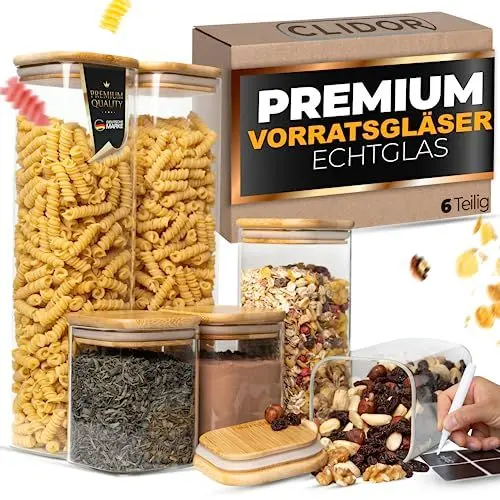Produktbild: CLIDOR Vorratsgläser mit Deckel, Eckig - 6er Set - 5,6L Vol., Erhöhte Glasstärke, Vorratsdosen mit Deckel luftdicht, Aufbewahrungsbox Küche für alle Lebensmittel, Glasbehälter, Küchen Organizer