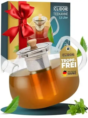 Produktbild: CLIDOR ® Teekanne mit Siebeinsatz I 1,5 Liter I verstärkte Glasstärke für bessere Isolierung I Teekanne mit Stövchen nutzbar I Glasteekanne I Thermo Teezubereiter I robuster Teapot I Teebereiter