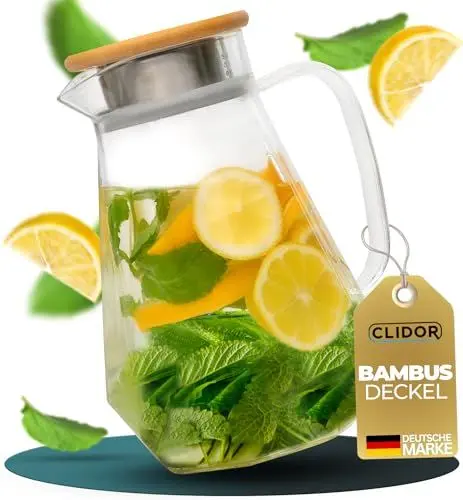 Produktbild: CLIDOR ® Wasserkaraffe I 1,5 Liter I verstärkte Glasstärke I Karaffe für Heiß- & Kaltgetränke geeignet I Tropffreier Ausguss I moderne Glaskaraffe I Teekanne Glas I robuste Glaskaraffe mit Deckel