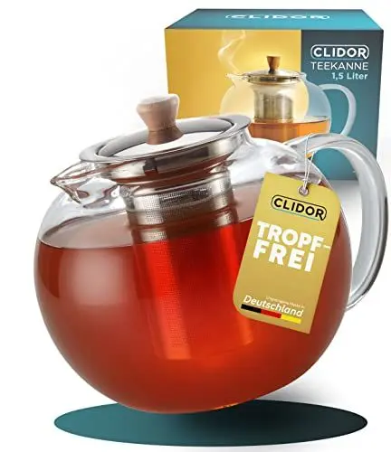 Produktbild: CLIDOR ® Teekanne mit Siebeinsatz I 1,5 Liter I verstärkte Glasstärke für bessere Isolierung I Teekanne mit Stövchen nutzbar I Glasteekanne I Thermo Teezubereiter I robuster Teapot I Teebereiter