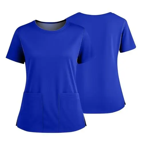 Produktbild: Clinic Dress Arbeitskleidung Pflege Damen Kasacks Medizinische Berufsbekleidung Rundhalsausschnitt Blouse Mit Aufgesetzten Taschen Blau M