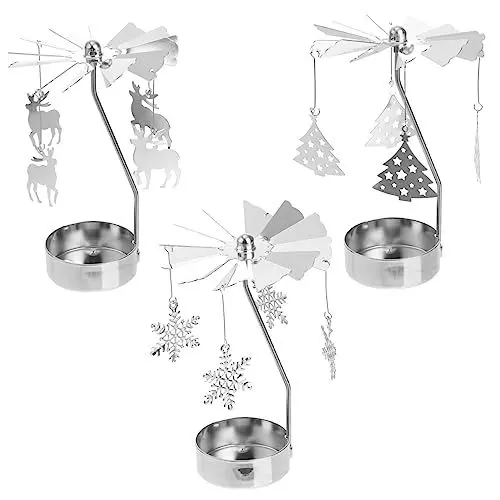 Produktbild: CLISPEED 3er Set Karussell Teelichthalter Weihnachten - Rotierende Kerzenhalter Mit Schneeflocken - Weihnachtsbaum & Rentier Metall Kerzenständer Tischdeko Weihnachtsdeko