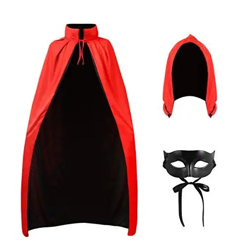 Produktbild: Roter and Schwarzer Umhang mit Kapuze - Vampir Umhang mit Halbgesichtsmaske | Roter Umhang Doppelseitiger Vampir Kostüm für Herren Damen Rollpiele, Karneval, Party (150cm)