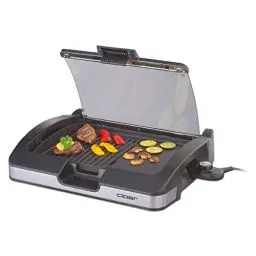 Produktbild: Cloer 6725 Barbecue-Grill, Tischgrill mit Glasdeckel, Antihaftbeschichtet, 2200 Watt, Grillfläche: 29 x 39 cm, silber/ schwarz