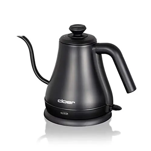 Produktbild: Cloer 4960 Wasserkocher Gooseneck mit geschwungenem Ausguss, abnehmbarer Deckel, 1000 W, Füllmengenmarkierung, Trockengeh- und Überhitzungsschutz, 0,8 Liter, Edelstahl schwarz