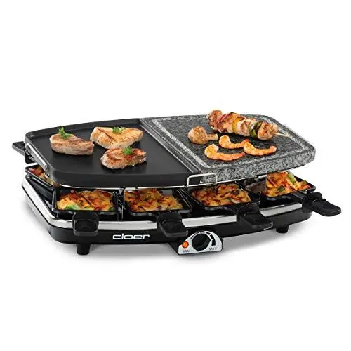 Produktbild: Cloer 6435 Raclette mit Naturstein, 1200 W, 8 antihaftbeschichtete Raclettepfännchen, Geteilte Platte