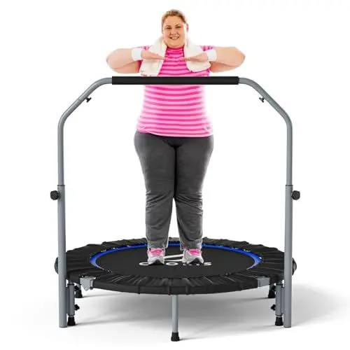 Produktbild: CLORIS 101,6 cm faltbares Fitness-Trampolin – maximale Belastung 400lb, Mini-Rebounder mit verstellbarem Schaumstoffgriff für Kinder und Erwachsene, Indoor/Outdoor, Fitness, Körperübung (Blau-2)