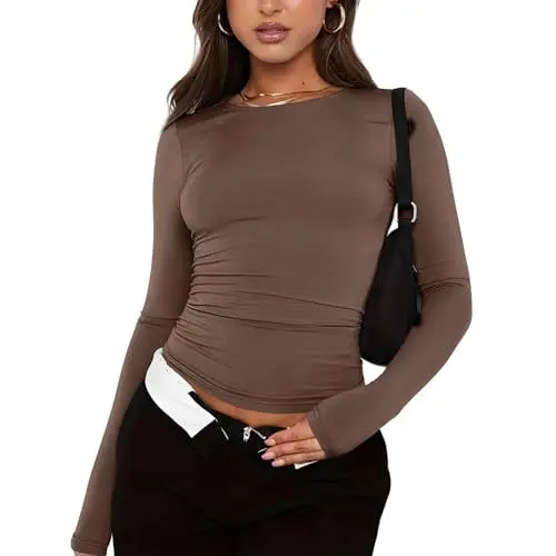 Produktbild: Clothes Clean Girl Clothes Crop Top Langarm Oberteile Langarmshirt Damen Elegant Y2K Pullover Aesthetic Clothes Clothes V Ausschnitt Damen Oberteil Strick T-Shirt Damen One Braun XL