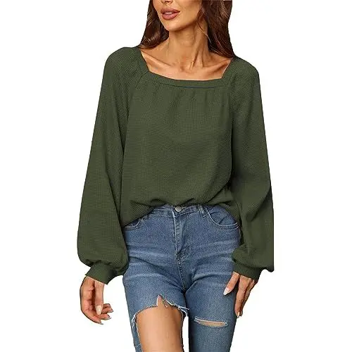 Produktbild: Clothes Damen Pullover Elegant Hawaii Bluse Damen Damen-Pullover, einfarbig, quadratischer Kragen, Lange Ärmel, lockere Ärmelbasis Sommermode Damen (Green, XL)