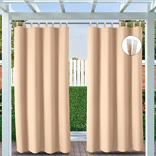 Produktbild: Clothink 2er Set Outdoor Vorhänge Wasserfest Sonnenschutz Winddicht mit Klettband Oben für Terrasse Garten Balkon Familienhaushalte einfache Montage farbecht haltbar(132x215cm, Beige)
