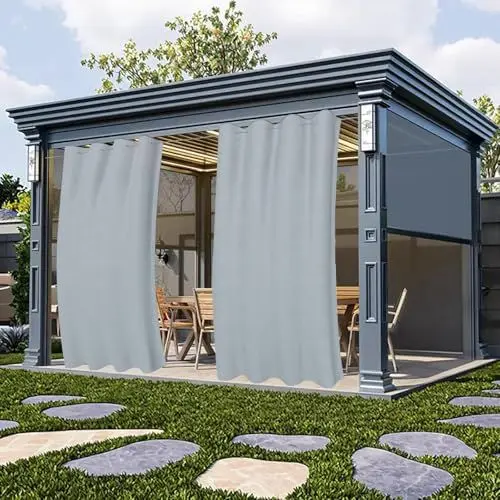 Produktbild: Clothink Outdoor Vorhänge Wasserfest Sonnenschutz Winddicht Rostfrei mit kleinen Ösen Oben unten für Terrasse Garten Balkon Familienhaushalte einfache farbecht haltbar(132x245cm,1Stück,GrauWeiß)