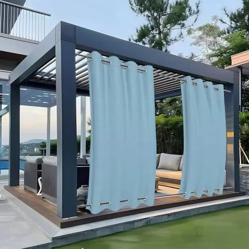 Produktbild: Clothink Outdoor Vorhang Ösen Oben Unten Anti-Verblassen Windschutz Sonnenschutz Sichtschutz Wetterfest, Terrasse Balkon Pergola (Hellblau, 132x245cm)