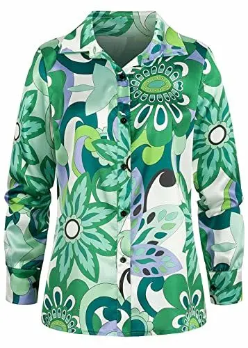 Produktbild: Cloud 5ive Damen Flower Satin Bluse mit Knopfleiste grün