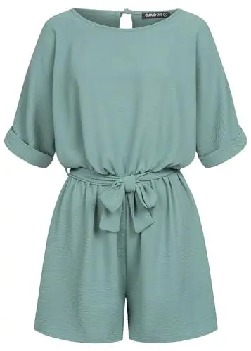 Produktbild: Cloud 5ive Damen Jumpsuit mit Ärmelumschlag und Bindegürtel grün