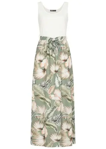 Produktbild: Cloud 5ive Damen Kleid T-Shirt Maxi - Dress 2-Tone mit Bindegürtel Tropical Print