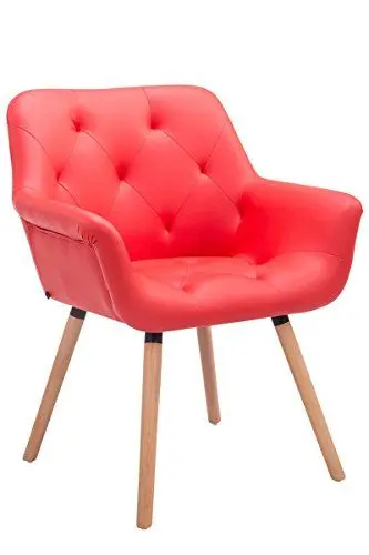 Produktbild: CLP Esszimmerstuhl Cassidy mit Kunstlederbezug und sesselförmigem Sitz I Retrostuhl mit Armlehne, Farbe:rot, Gestell Farbe:Natur