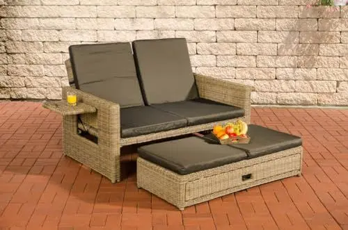 Produktbild: CLP Polyrattan 2er-Loungesofa Ancona 5mm I Rundrattan Garten-Sofa Mit Ausziehbarem Fußteil Und Verstellbarer Rückenlehne I, Farbe:Natur, Polsterfarbe:Anthrazit