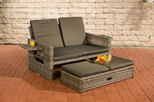 Produktbild: CLP Polyrattan 2er-Loungesofa Ancona 5mm I Rundrattan Garten-Sofa Mit Ausziehbarem Fußteil Und Verstellbarer Rückenlehne I, Farbe:grau-meliert, Polsterfarbe:Anthrazit