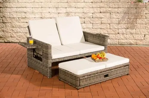 Produktbild: CLP Polyrattan 2er-Loungesofa Ancona 5mm I Rundrattan Garten-Sofa Mit Ausziehbarem Fußteil Und Verstellbarer Rückenlehne I, Farbe:grau-meliert, Polsterfarbe:Cremeweiß
