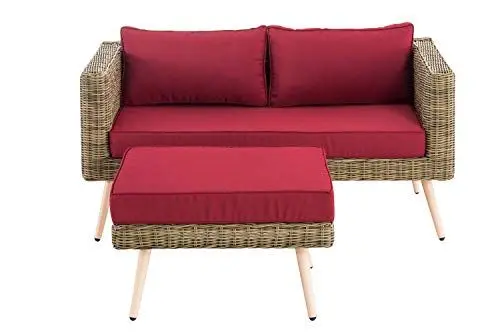 Produktbild: CLP Polyrattan 2er Sofa MOLDE mit Fußhocker I Natura I Loungeset Rundrattan I Gartensofa mit Hocker I 5mm Rattandicke, Farbe:rubinrot, Sitzhöhe/Farbe:40 cm (Lightbrown)