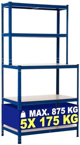 Produktbild: CLP Steckregal Mit Werkbank I Böden Bis Je 175 KG Belastbar I Lagerregal Aus Metall, Farbe:blau