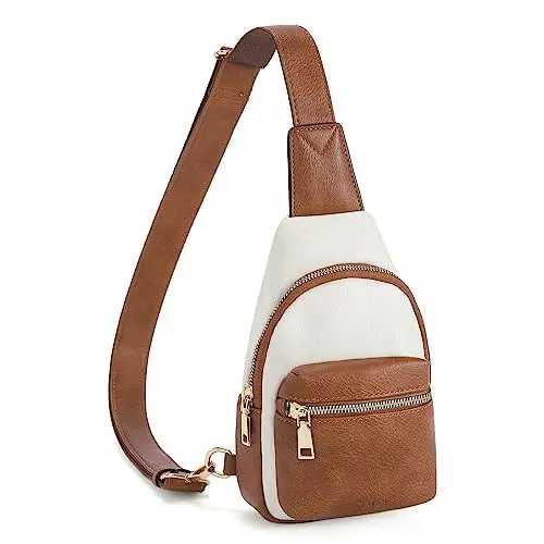Produktbild: CLUCI Brusttasche Damen Sling Bag, Crossbody Bag damen Klein Umhängetasche diebstahlsicher, Gürteltasche PU Leder, Schultertasche Breiter Gurt für Outdoorsport Reisen Weiß mit Braun