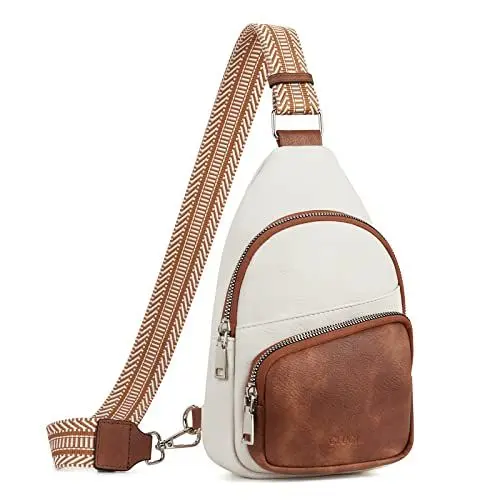 Produktbild: CLUCI Klein Brusttasche Damen Crossbody Bag, Sling Bag PU Leder für Damen und Herren, kleine Umhängetasche Sport，Bauchtasche Gürteltasche Breiter Gurt für Outdoor Reisen Weiß mit Braun