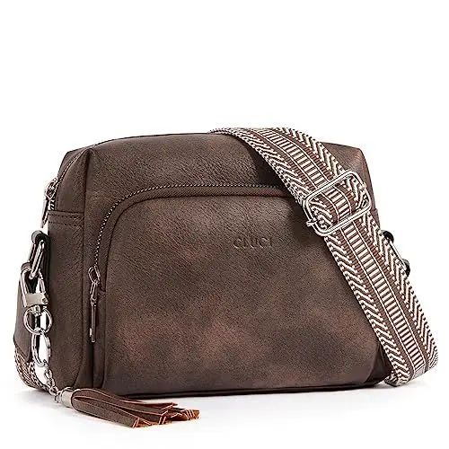 Produktbild: CLUCI Umhängetasche, Crossbody Bag Damen Breiter Gurt, Handy Schultertasche PU Leder, Handtasche, Klein mit Fransen Verstelbaar Schultergurt Kaffee
