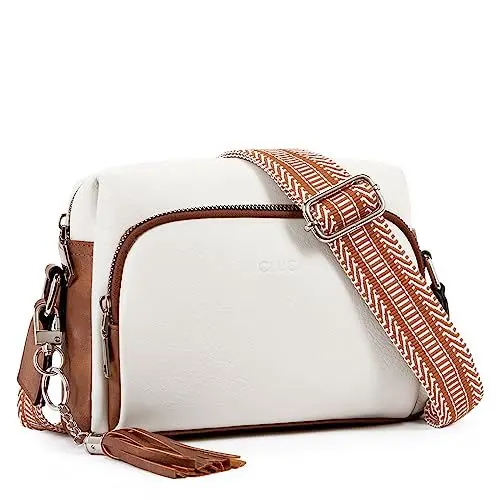 Produktbild: CLUCI Umhängetasche Damen, Crossbody Bag Breiter Gurt, Handy Schultertasche PU Leder, Handtasche , Klein mit Fransen Verstelbaar Schultergurt Beige mit Schwarz