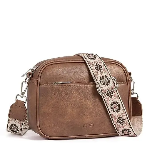 Produktbild: CLUCI Umhängetasche Damen, Crossbody Bag Damen Breiter Gurt PU Leder, Handtasche zum Umhängen, Schultertasche für Frauen mit einstellbarem breitem Riemen Braun
