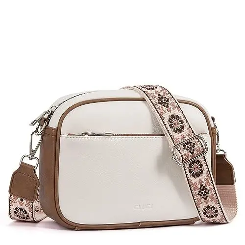 Produktbild: CLUCI Umhängetasche Damen, Crossbody Bag Damen Breiter Gurt PU Leder, Handtasche zum Umhängen, Schultertasche für Frauen mit einstellbarem breitem Riemen Beige mit Braun