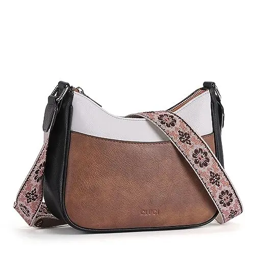 Produktbild: CLUCI Umhängetasche Damen, PU Leder Handtasche Damen Crossbody Bag Damen，Handytasche zum Umhängen，Schultertasche für Frauen mit Einzigartige verstellbarem Farbigem Riemen，braun mit schwarz und weiß