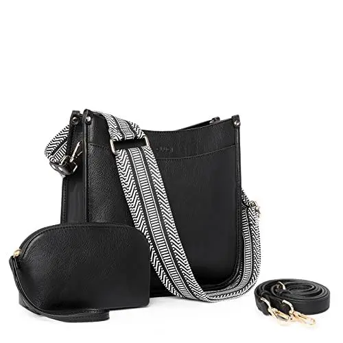 Produktbild: CLUCI Umhängetasche für Damen,Handtasche PU Leder mittelgroß Crossbody Bag mit Geldbörse, 2-teiliges Set Schultertasche für Frauen mit Zwei austauschbare Bedingungen Schultergurte,Schwarz