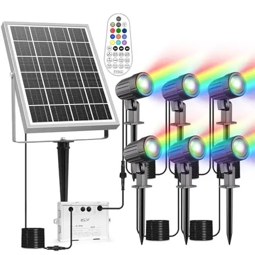 Produktbild: CLY Solarlampen für Außen, Solar Strahler RGB Gartenleuchte mit Fernbedienung IP66 Wasserdichte 10 Farben 30 Dynamische Modi Timer Gartenbeleuchtung für Gärten Pfad Weihnachtstag Dekoration 6 Stück