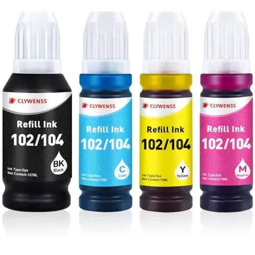 Produktbild: Clywenss 102 Tinte Kompatibel für Epson 102 103 Ecotank 4-Colour Multipack Tinte für ET-2820 ET-4850 ET-2850 ET-2810 ET-3850 ET-4800 ET-2821 ET-2840 ET-4856 ET-2851, 4-Pack (Schwarz Cyan Magenta Gelb)