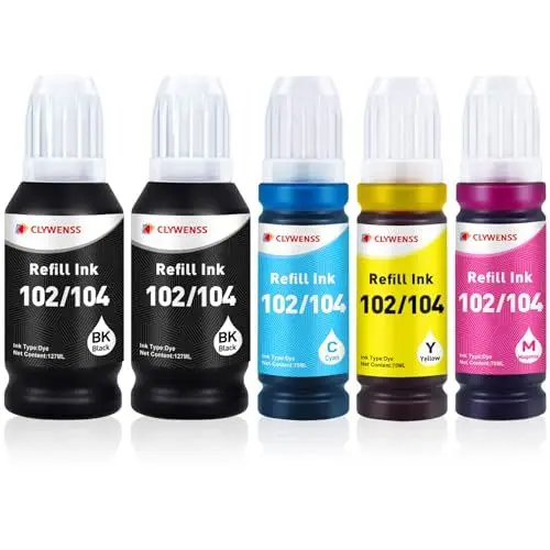 Produktbild: Clywenss 102 Tinte Kompatibel für Epson 102 103 Multipack für Ecotank ET-2820 ET-4850 ET-2850 ET-2810 ET-3850 ET-4800 ET-2821 ET-2840 ET-4856 ET-2851 ET-2814, 5er-Pack (2 Schwarz, Cyan, Magenta, Gelb)