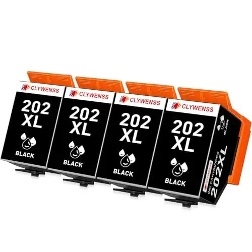 Produktbild: Clywenss 202 XL Schwarz Druckerpatronen Kompatibel für Epson 202XL 202 Patronen für Expression Premium XP-6000 XP-6100 XP-6105 XP-6005 XP6000 XP6100 XP6105 XP6005 XP6001 XP-6001 Tintepatronen, 4-Pack