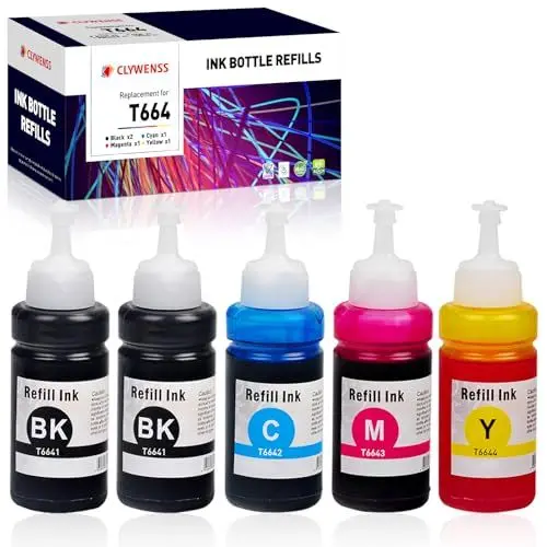 Produktbild: Clywenss 664 Tinte Kompatibel für Epson 664 T664 Multipack für Ecotank ET-2500 ET-2550 ET-2600 ET-2650 ET-3600 ET-4500 ET-4550 ET-14000 ET-16500 L355 L555, 5-Pack (2 Schwarz, Cyan, Magenta, Gelb)