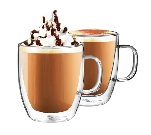 Produktbild: CMXING Doppelwandige Latte Macchiato Gläser Set 2er Set 350ML Kaffeeglas Teegläser mit Henkel Borosilikatglas Kaffeetassen Glas für Cappuccino,Tee,Sodawasser,Milch,kaltes Getränk