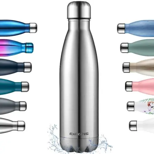Produktbild: CMXING Doppelwandige Thermosflasche 500 mL mit Tasche BPA-Frei Edelstahl Trinkflasche Vakuum Isolierflasche für Outdoor-Sport Camping Mountainbike (Silber, 500 mL)