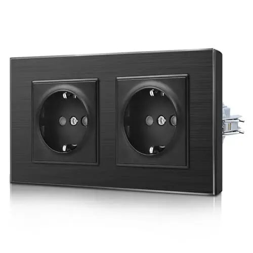 Produktbild: CNBINGO Aluminium Doppelsteckdose mit Spannkrallen - Zweifach Schuko Steckdose Unterputz - Schutzkontakt Einbau Wandsteckdose mit Rahmen aus Aluminium- 2 Fach - Schwarz