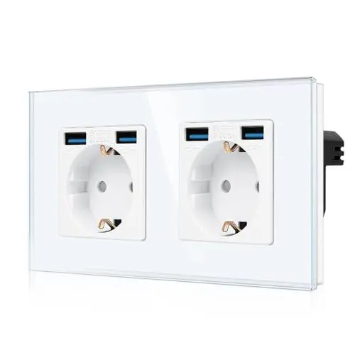 Produktbild: CNBINGO Doppelsteckdose mit 4× USB Anschluss (2 Typ-A total Max.2,1 Amp) - Zweifach Glas Schuko Steckdose Unterputz - Weiß Wandsteckdose mit Kindersicherung