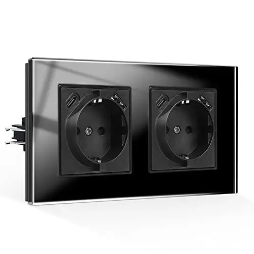 Produktbild: CNBINGO Doppelsteckdose mit USB Anschluss, 2× (USB-A und Typ-C Port Max.2,1 Amp total), Unterputz Steckdose mit Krallen, Schuko Steckdose mit Glasrahmen in Schwarz, 2-Fach