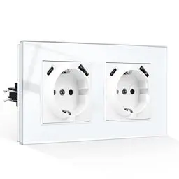 Produktbild: CNBINGO Doppelsteckdose mit USB Anschluss, 2× (USB-A und Typ-C Port Max.2,1 Amp total), Unterputz Steckdose mit Krallen, Schuko Steckdose mit Glasrahmen in Weiß, 2-Fach