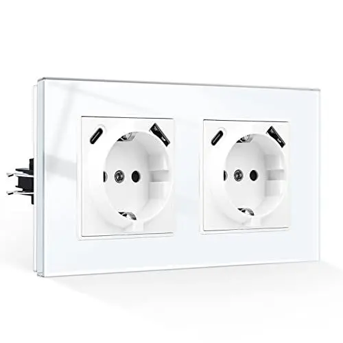 Produktbild: CNBINGO Doppelsteckdose mit USB Anschluss, 2× (USB-A und Typ-C Port Max.2,1 Amp total), Unterputz Steckdose mit Krallen, Schuko Steckdose mit Glasrahmen in Weiß, 2-Fach