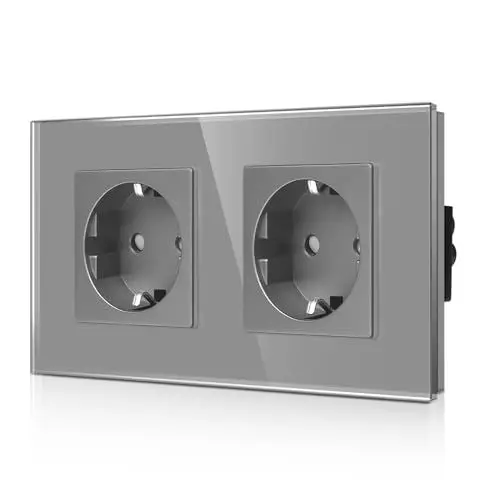 Produktbild: CNBINGO Glas Doppelsteckdose Unterputz in Grau - Zweifach Schuko Steckdose mit Kindersicherung - 16 Amp Schutzkontakt Wandsteckdose mit Glasrahmen