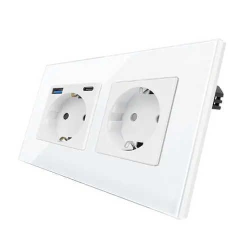 Produktbild: CNBINGO Glas Doppelsteckdose mit 2 USB Anschlüsse (1 USB-A und 1 Typ-C Port - unterstützung 20W Schnellladen) - Schutzkontakt Wandsteckdose Einfach mit Glasrahmen - Schuko Steckdose Unterputz in Weiß