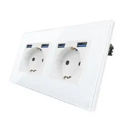 Produktbild: CNBINGO Glas Doppelsteckdose mit USB Ports (Max.2,1 Amp) - Zweifach Steckdose Unterputz in Weiß - Schuko Schutzkontakt Wandsteckdose mit Glasrahmen A+A-Wh