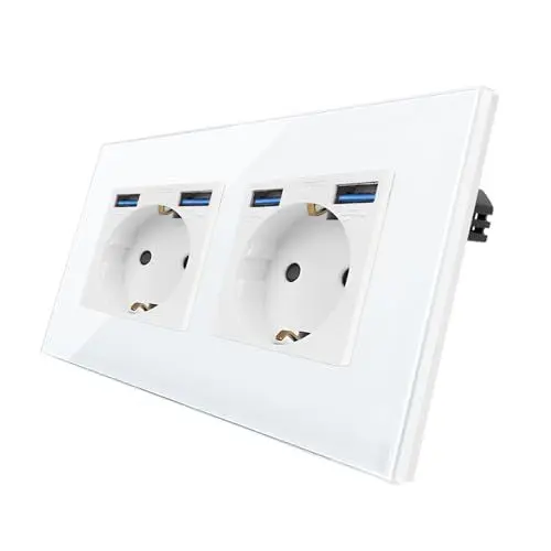 Produktbild: CNBINGO Glas Doppelsteckdose mit USB Ports (Max.2,1 Amp) - Zweifach Steckdose Unterputz in Weiß - Schuko Schutzkontakt Wandsteckdose mit Glasrahmen A+A-Wh